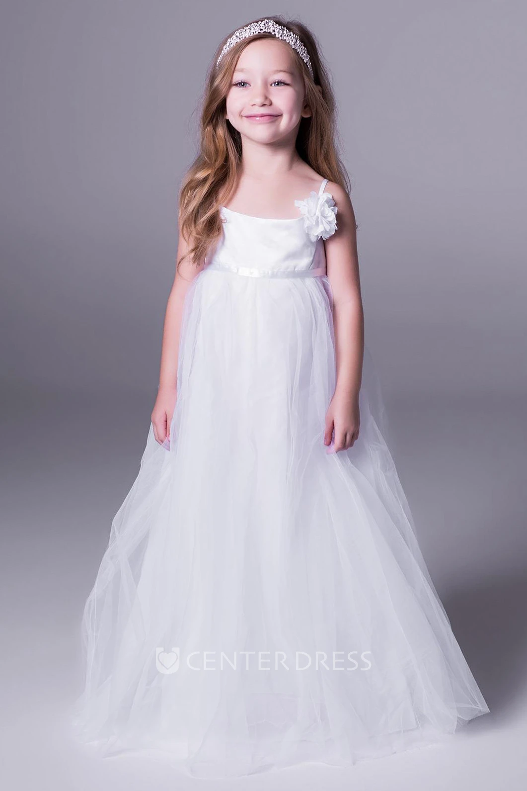 A-Line Sleeveless Spaghetti Floral Floor-Length Tulle Flower Girl Dress