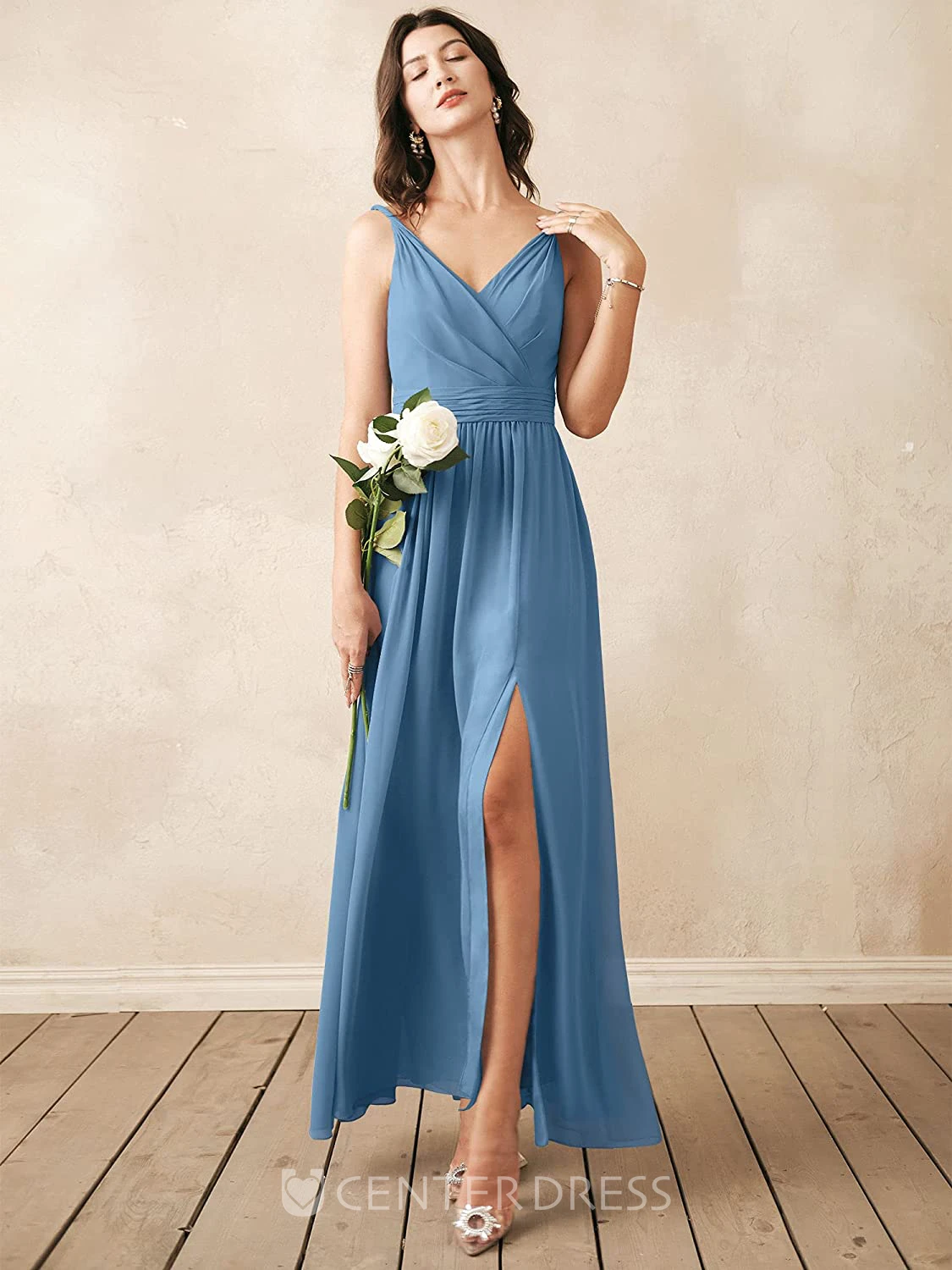 Sexy Chiffon Ankle-length V-neck A Line Sleeveless Bridesmaid Dress With Ruching