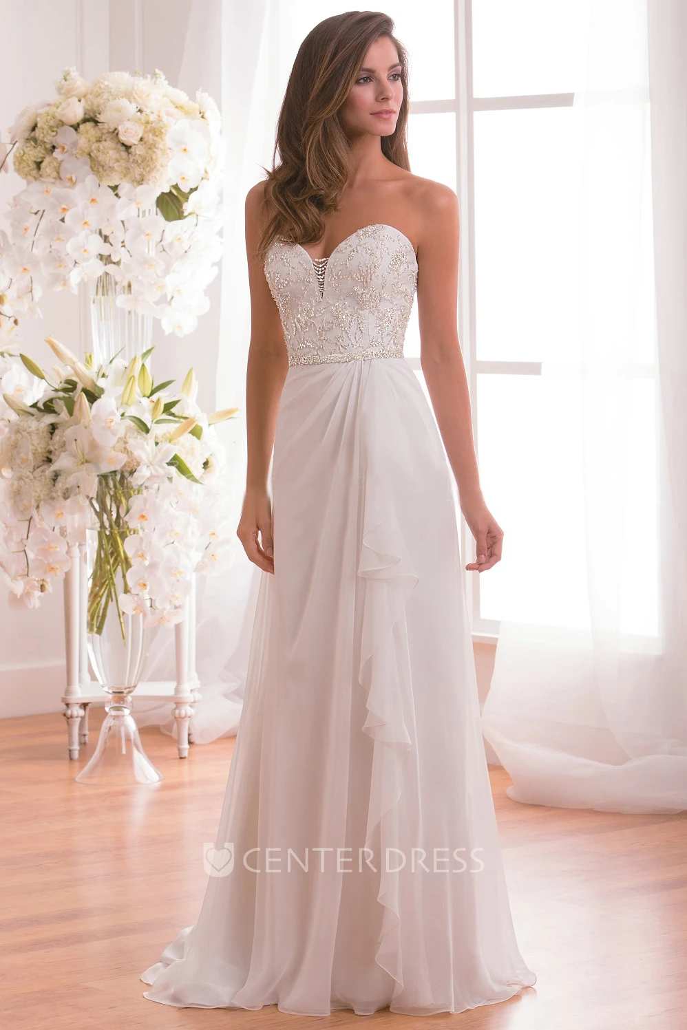 Sweetheart Long Wedding Dress With Ruffles And Sequined Bodice