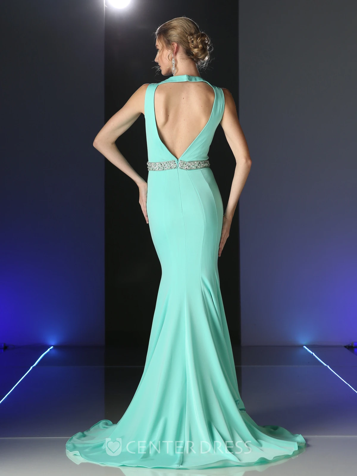 Sheath Long V-Neck Sleeveless Jersey Keyhole Dress With Waist Jewellery