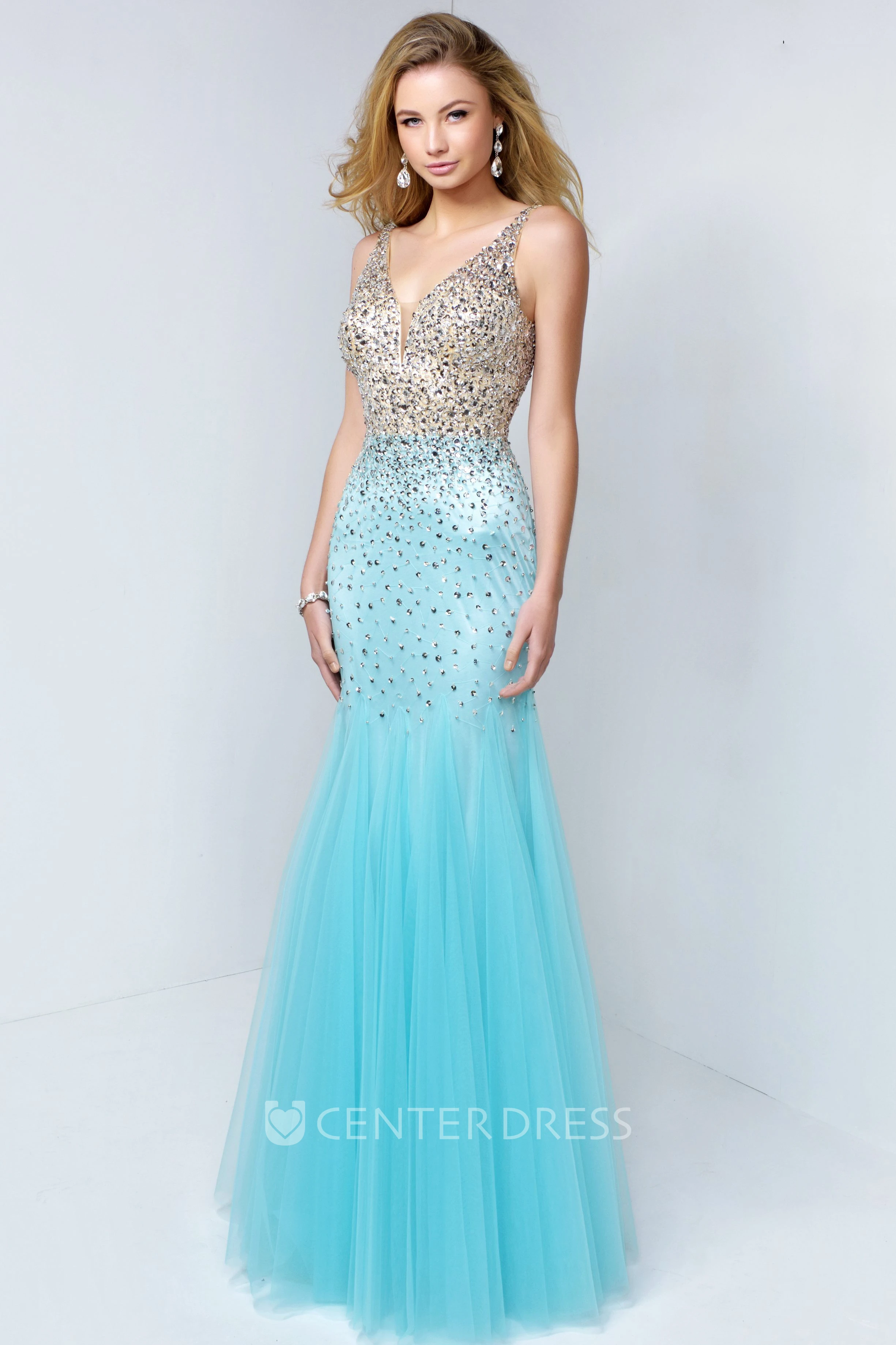 Mermaid V-Neck Sleeveless Tulle Low-V Back Dress With Beading And Pleats