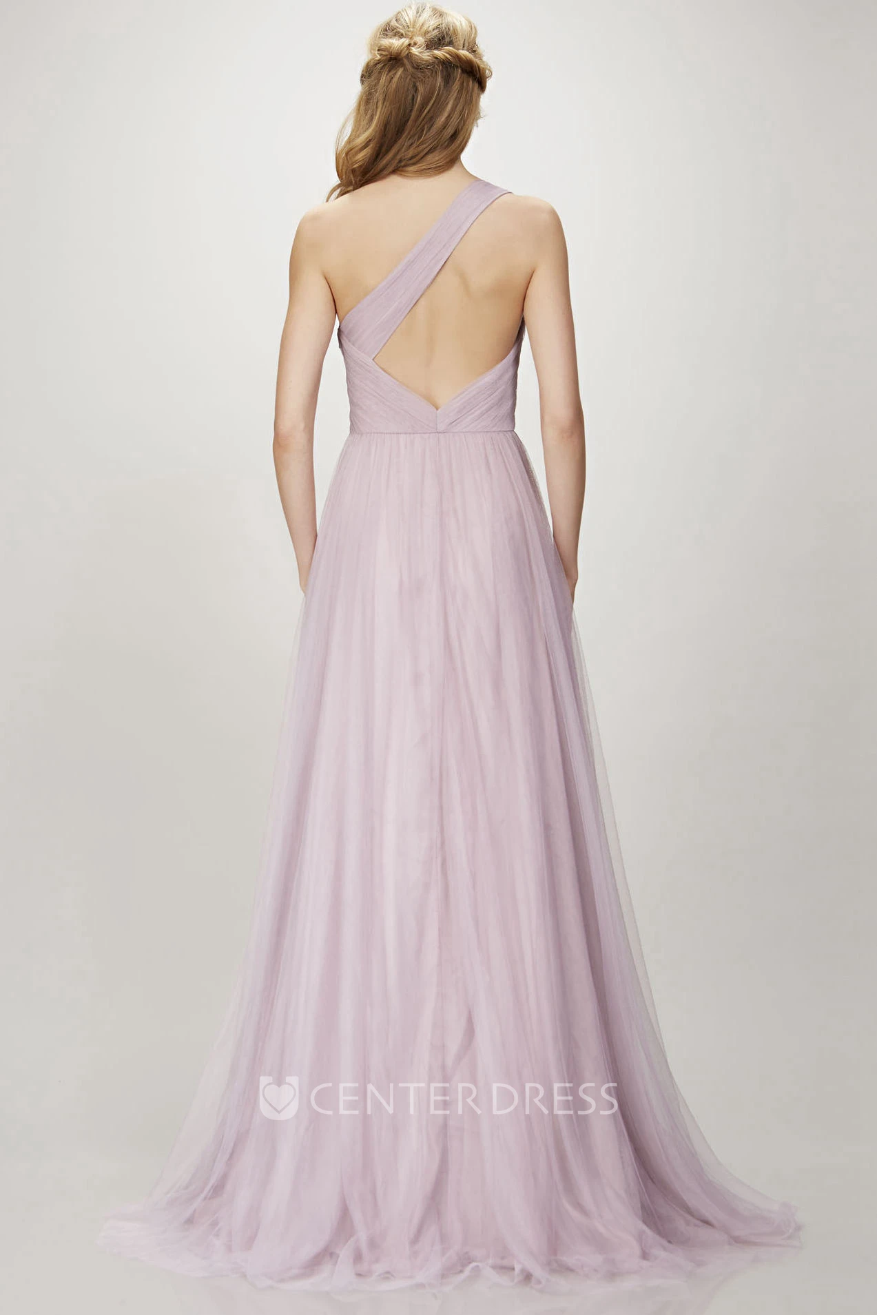 One-Shoulder Sleeveless Ruched Tulle Bridesmaid Dress With Brush Train