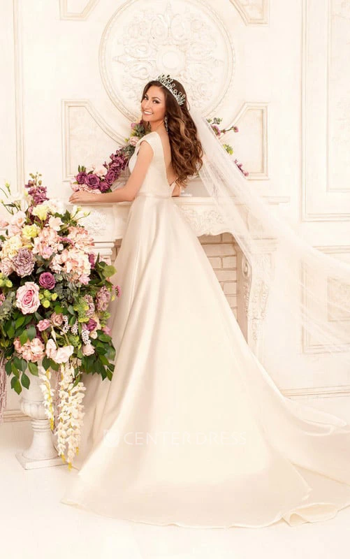 A-Line Maxi Scoop Cap-Sleeve Deep-V-Back Satin Dress With Waist Jewellery
