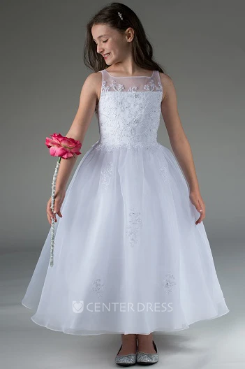 Flower Girl Square Neck Organza Ankle Length Dress With Embroidery