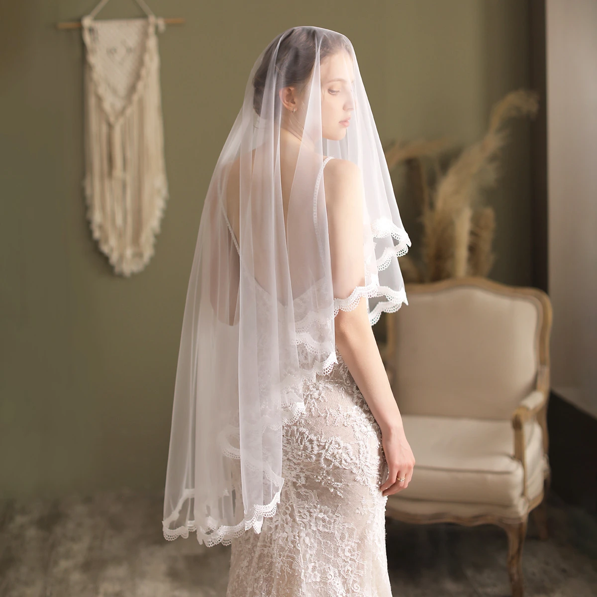 European Style Short Bridal Veil with Flowers - UCenter Dress