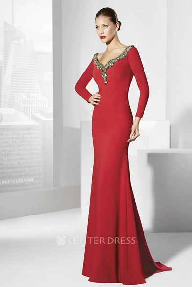 Sheath Long-Sleeve Floor-Length V-Neck Jersey Prom Dress