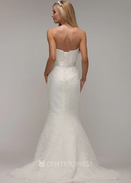 Long Sweetheart Beaded Lace Wedding Dress With Sweep Train And Corset Back