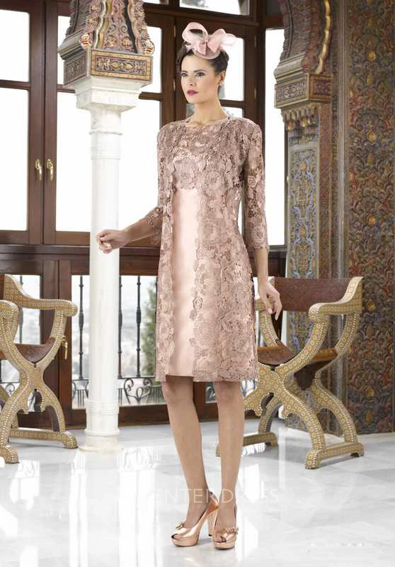 Knee-Length 3-4 Sleeve Bateau Neck Appliqued Satin Mother Of The Bride Dress