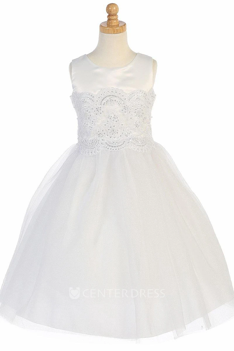 Tea-Length Floral Beaded Appliqued Tulle&Lace Flower Girl Dress With Tiers
