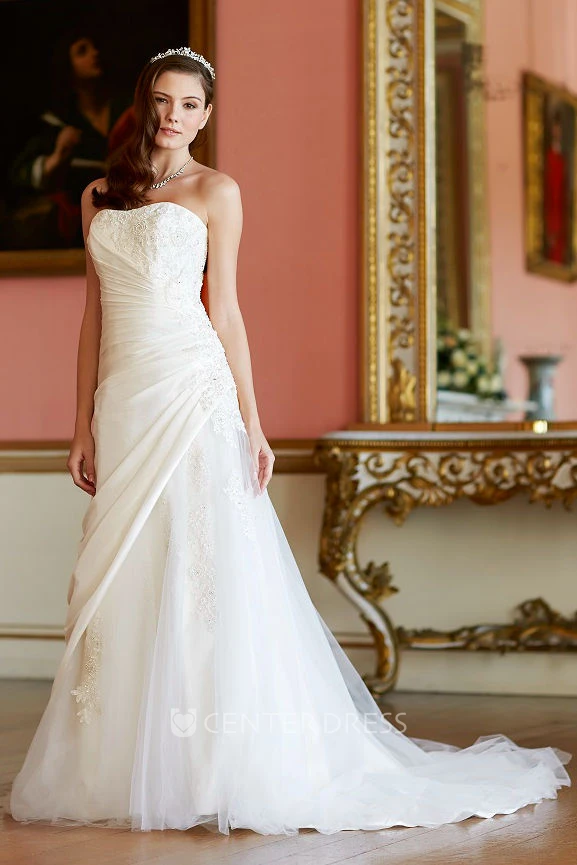 A-Line Strapless Taffeta&Tulle Wedding Dress With Lace Up