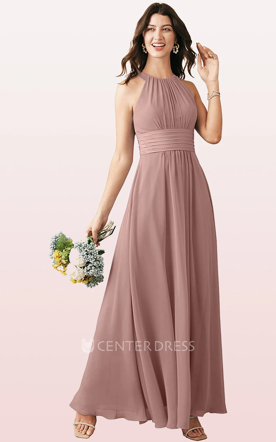 Modern Chiffon Ankle-length Halter A Line Sleeveless Bridesmaid Dress With Ruching