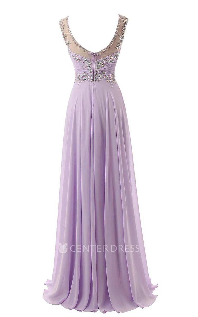 Cap-sleeved Long Gown With Beaded Illusion Style