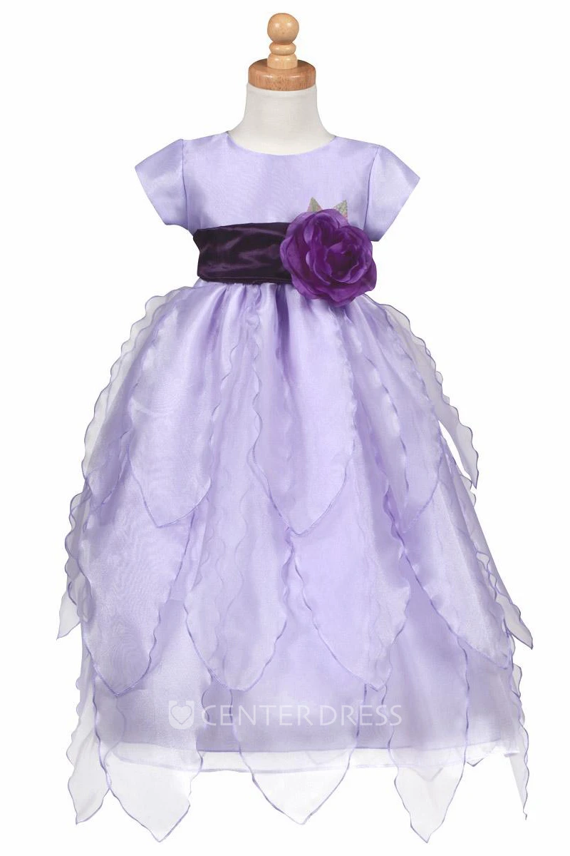 Cap-Sleeve Tiered Organza&Taffeta Flower Girl Dress