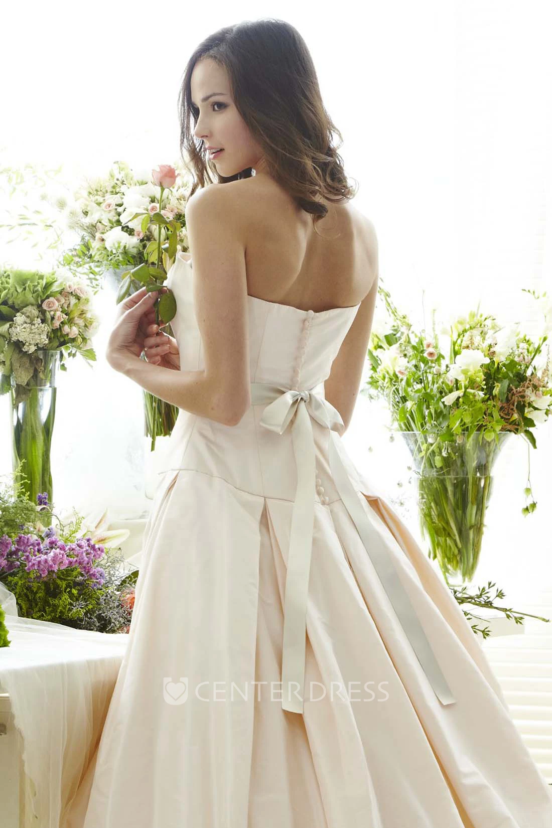 Strapless Maxi Jeweled Bowed Satin Wedding Dress With Appliques