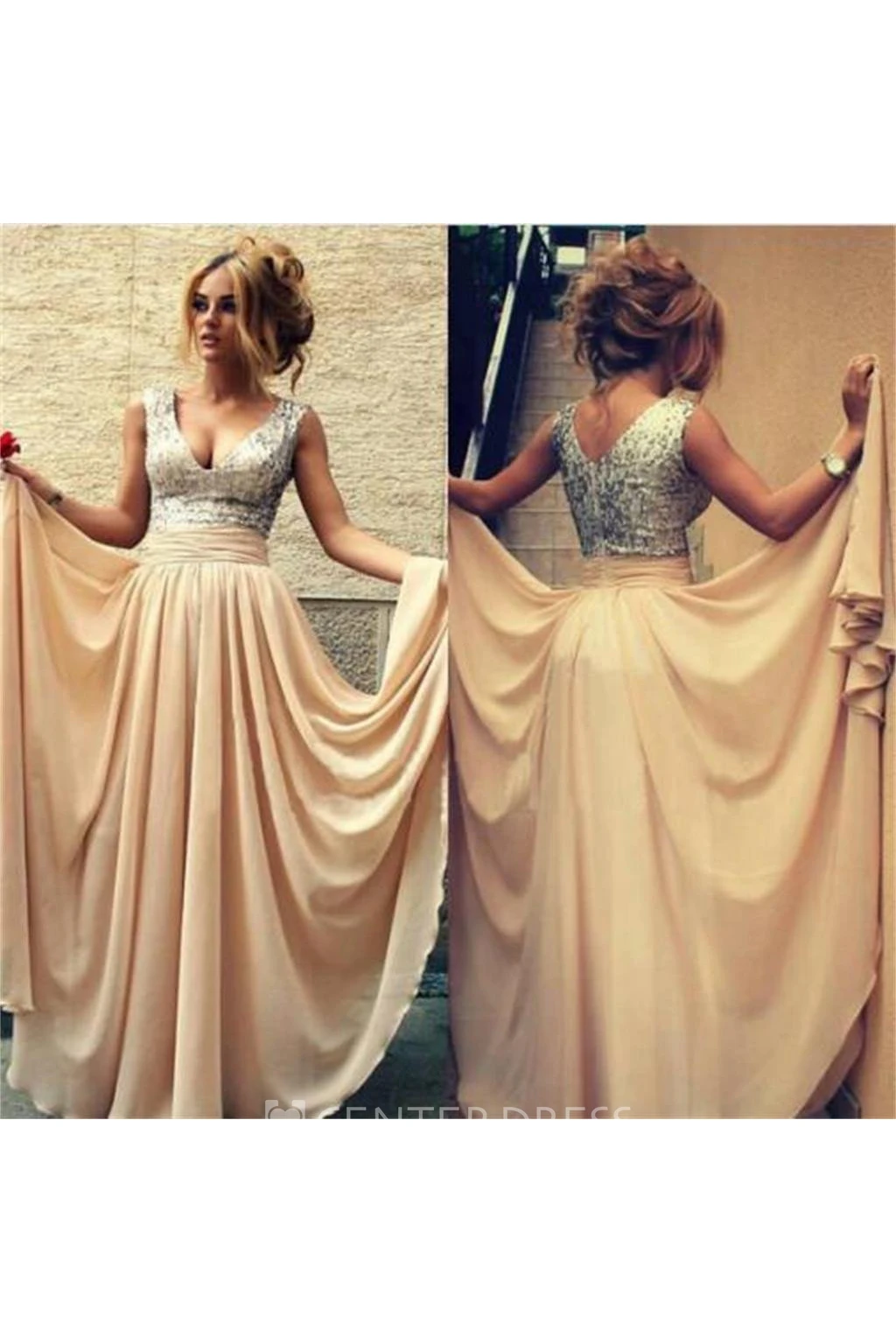 Sleeveless Floor-length A-Line V-neck Chiffon Sequins Dress