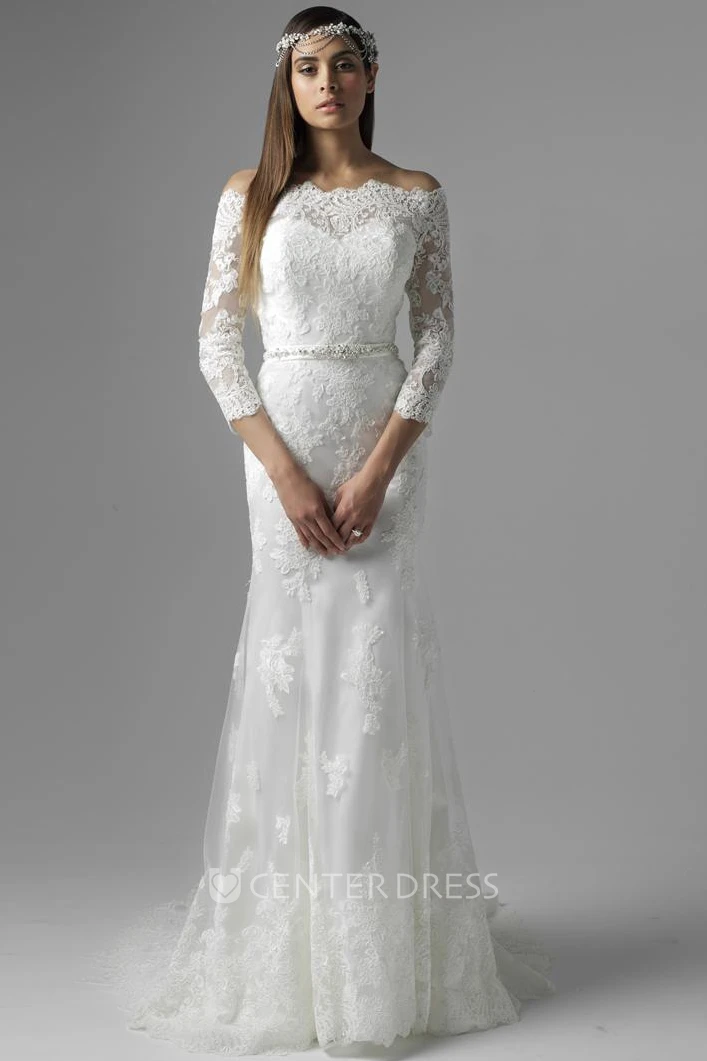 Floor-Length Jeweled Off-The-Shoulder 3-4 Sleeve Lace Wedding Dress