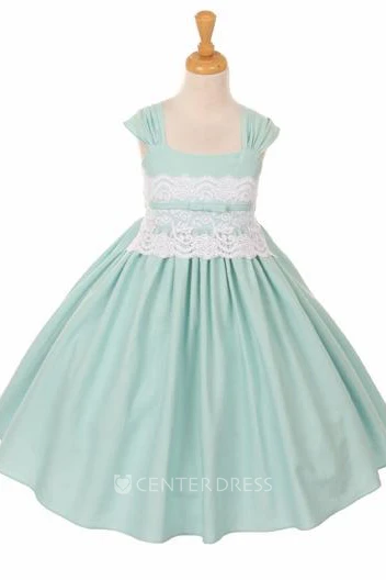 Tea-Length Straps Ruched Appliqued Lace Flower Girl Dress With Tiers