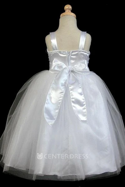 Tea-Length Embroideried Bowed Split-Front Tulle&Satin Flower Girl Dress With Sash