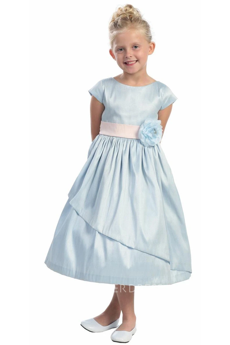 Tea-Length Floral Bowed Floral Flower Girl Dress With Sash
