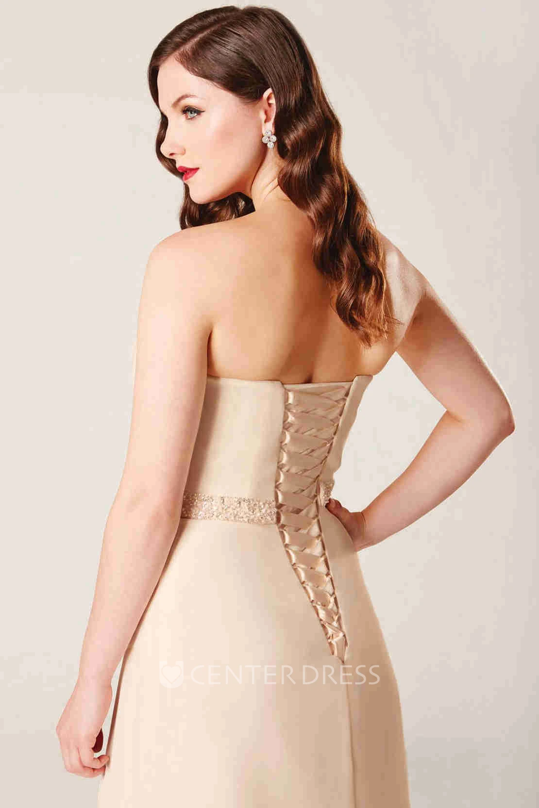 Strapless Floor-Length Jeweled Chiffon Bridesmaid Dress With Ruching And Corset Back