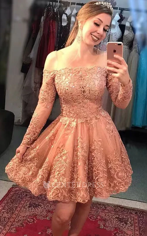 Adorable Off-the-shoulder A Line Lace Short Homecoming Dress With Long Sleeve And Appliques