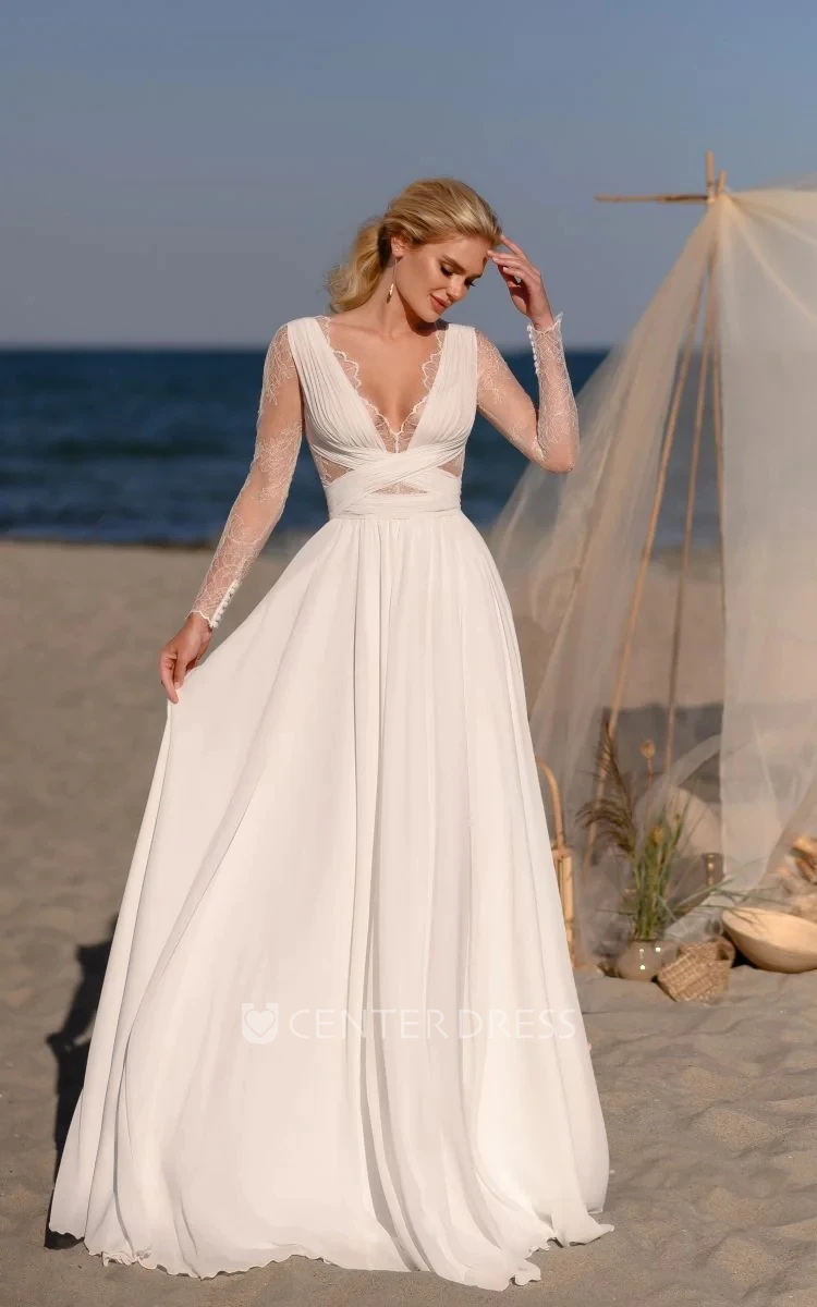 Sexy A Line Chiffon V-neck Wedding Dress With Long Sleeve And Low-V Back -  UCenter Dress