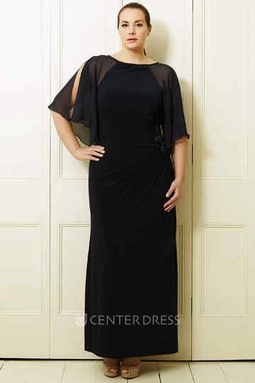 Bat-Sleeve Scoop-Neck Ankle-Length Chiffon Plus Size Prom Dress