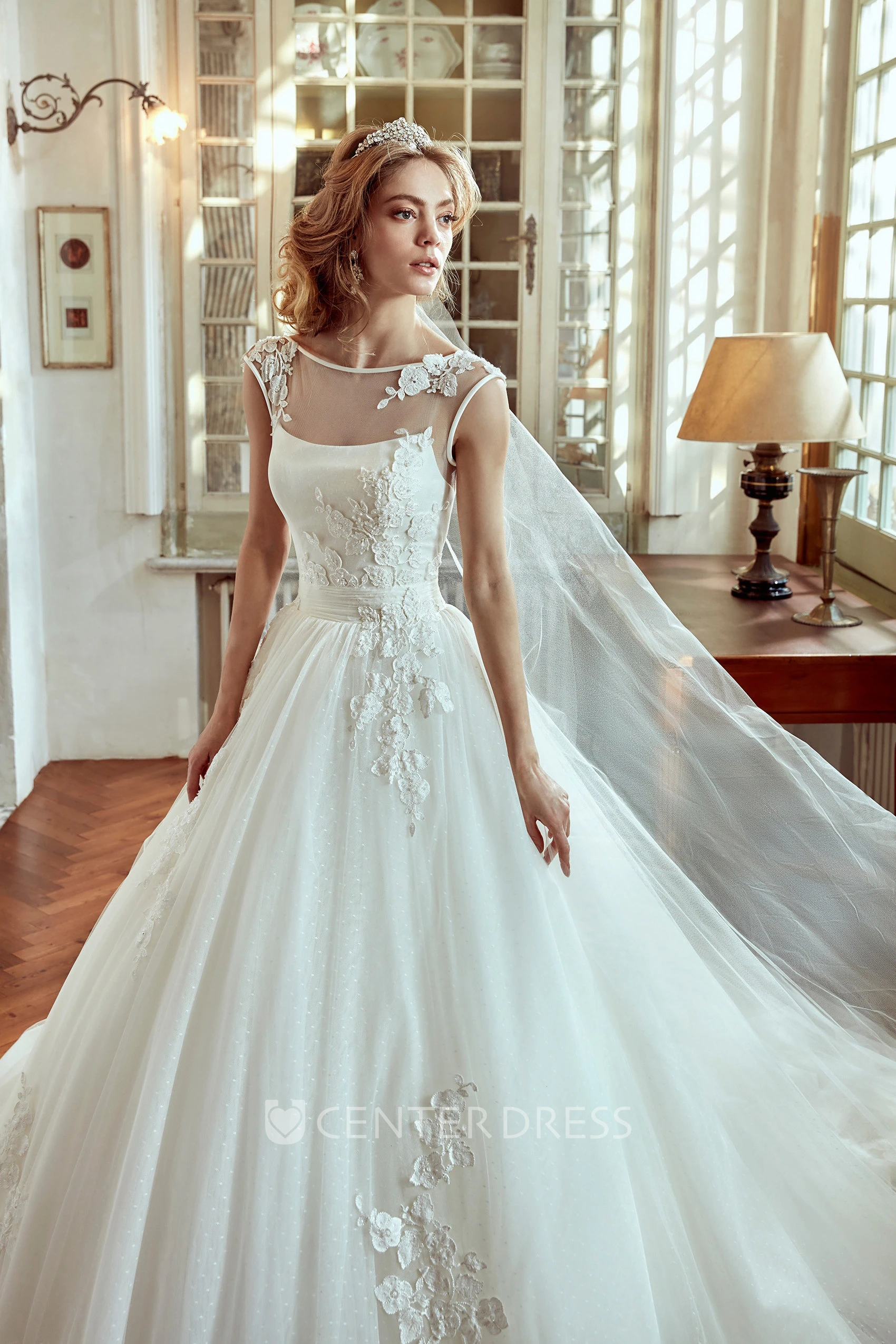 Jewel-Neck Cap-Sleeve A-Line Gown With Lace Appliques And Open Back