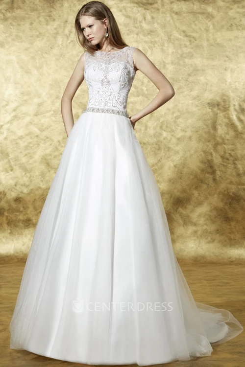 Long Scoop Jeweled Tulle Wedding Dress With Court Train And Illusion