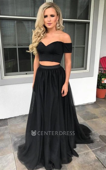 Two Piece Sleeveless Tulle Informal Prom Dress with Ruffles