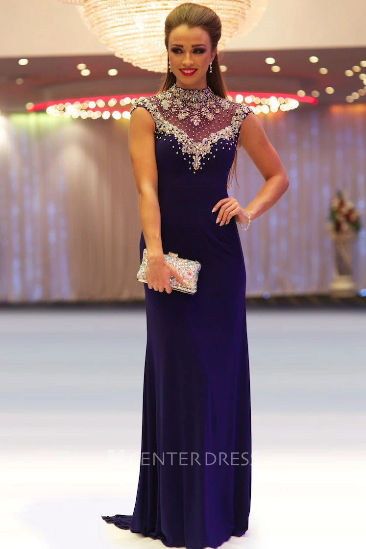 Sheath Cap-Sleeve Beaded Floor-Length High-Neck Jersey Prom Dress