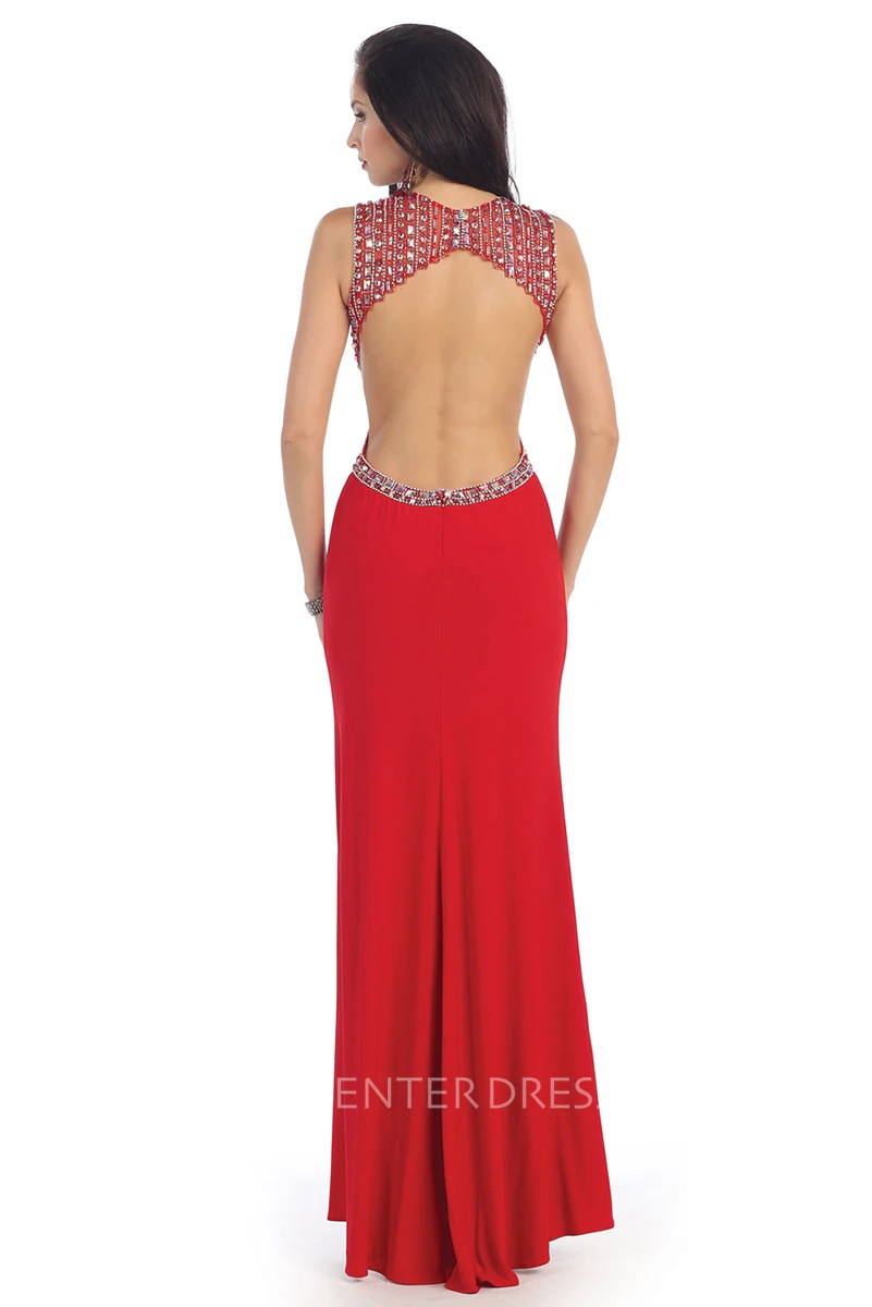 Sheath Long V-Neck Sleeveless Jersey Keyhole Dress With Split Front And Beading