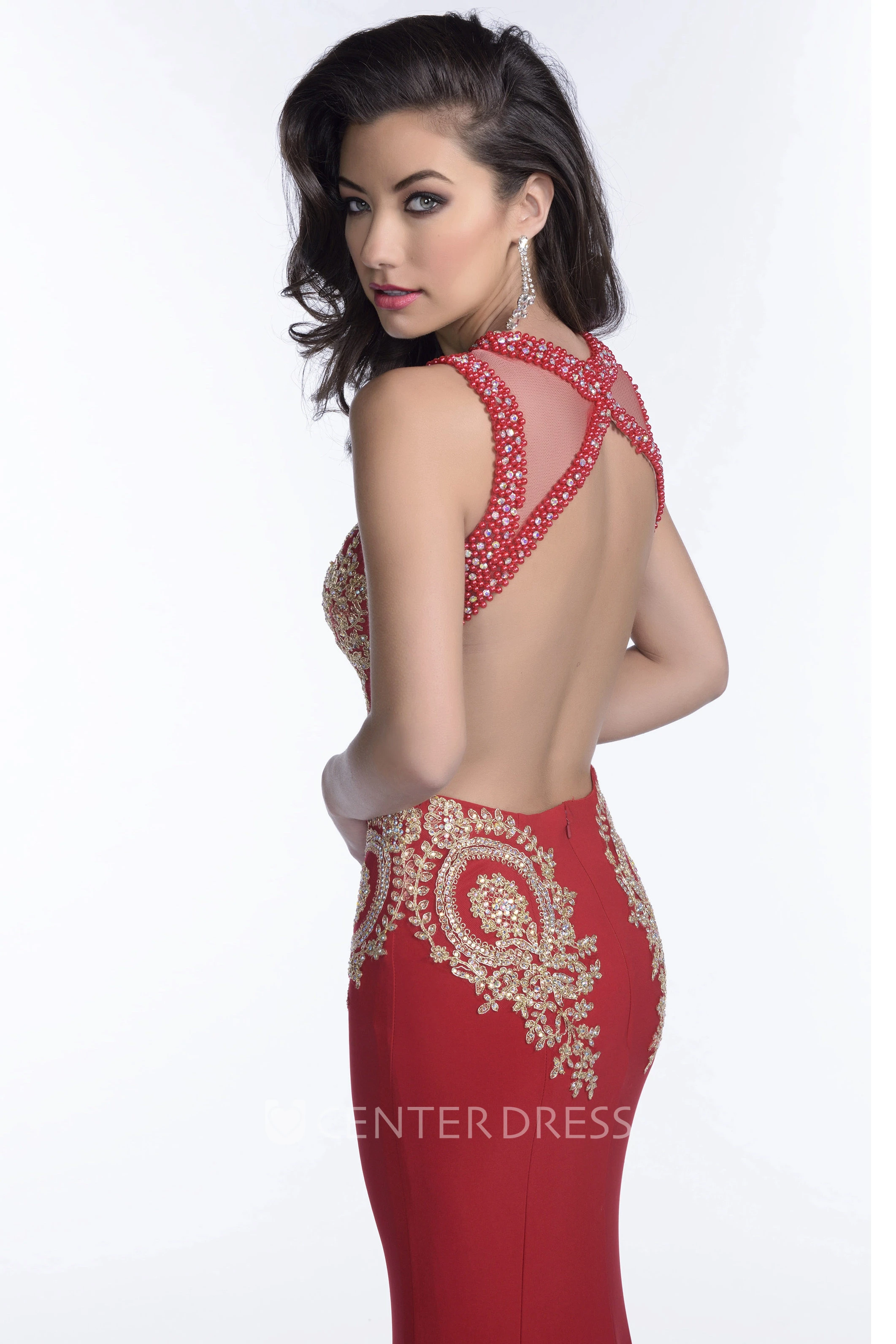 Mermaid Sleeveless Jersey Prom Dress With Keyhole Back And Rhinestone Bodice