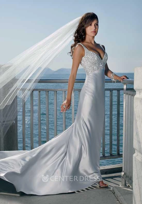 Sheath Column Spaghetti Straps V-neck Elatic Woven Satin Wedding Dress