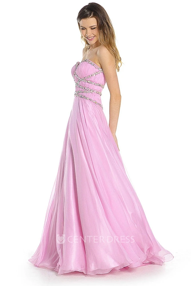 A-Line Sleeveless Beaded Sweetheart Maxi Tulle&Satin Prom Dress With Ruching