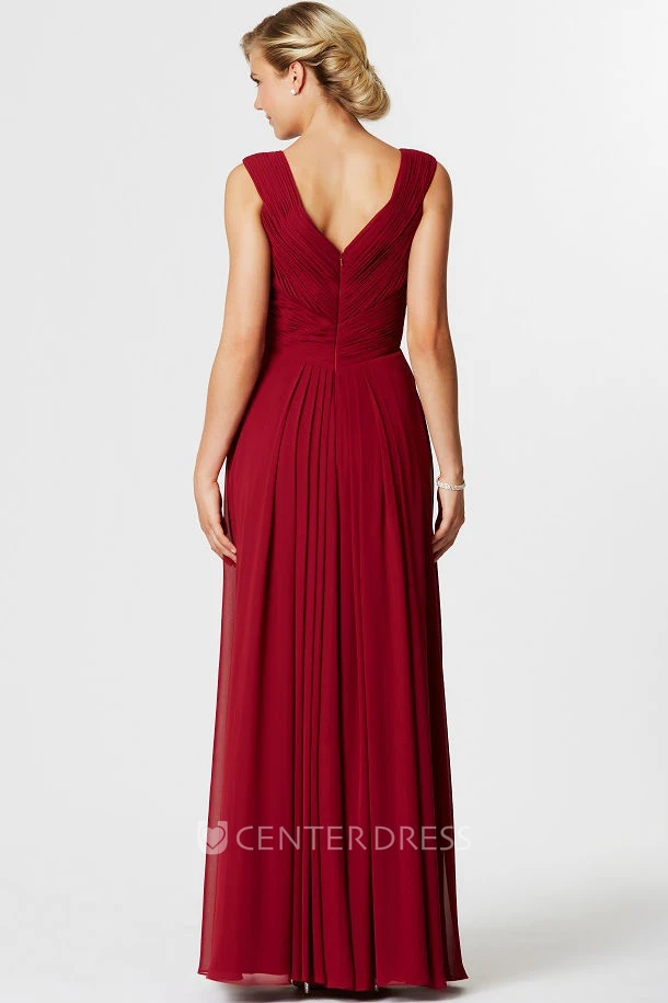 Sleeveless Ruched V-Neck Chiffon Bridesmaid Dress With Waist Jewellery
