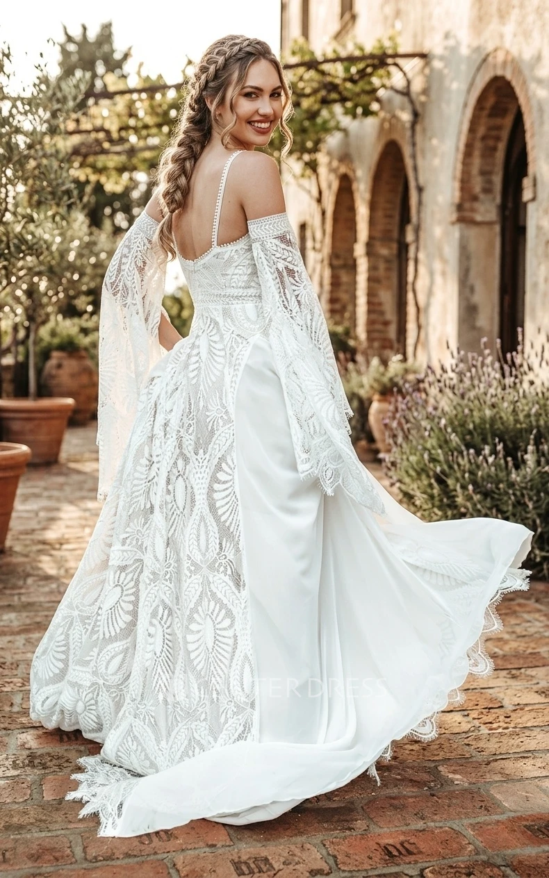 Beach Bohemian Spaghetti Vintage Jewel Neck Lace Split Front Backless Spring Wedding Dress
