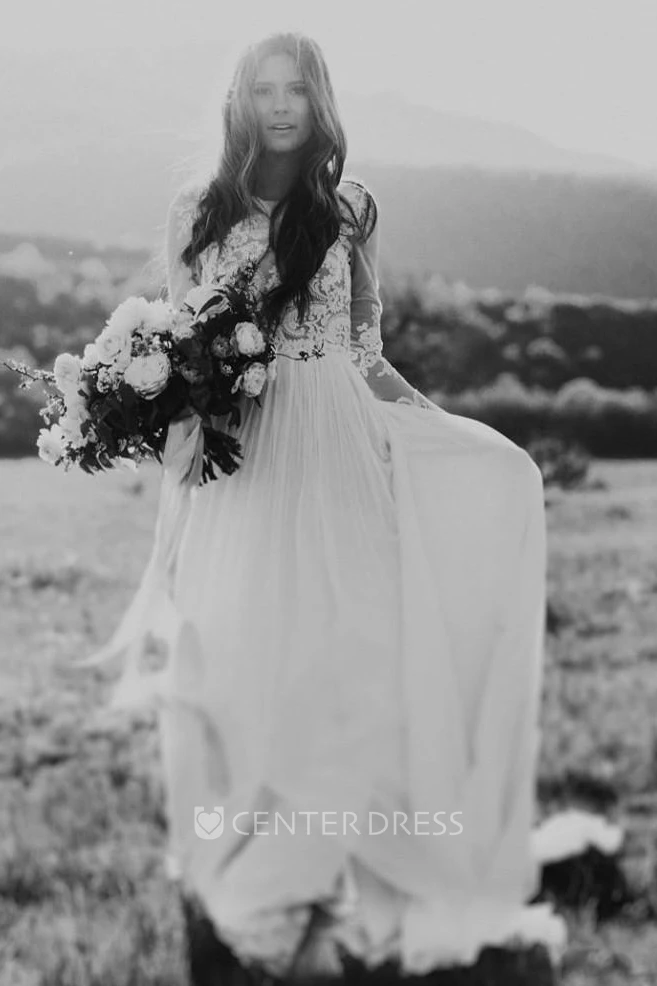 Bohemian Lace Long Sleeves Floor Length A Line Applique Chiffon Boho Bridal Gowns
