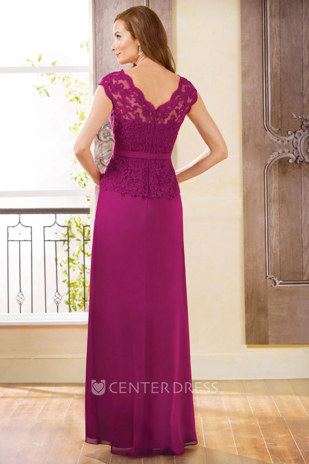 Cap-Sleeved V-Neck Long Peplum Style Mother Of The Bride Dress With Lace