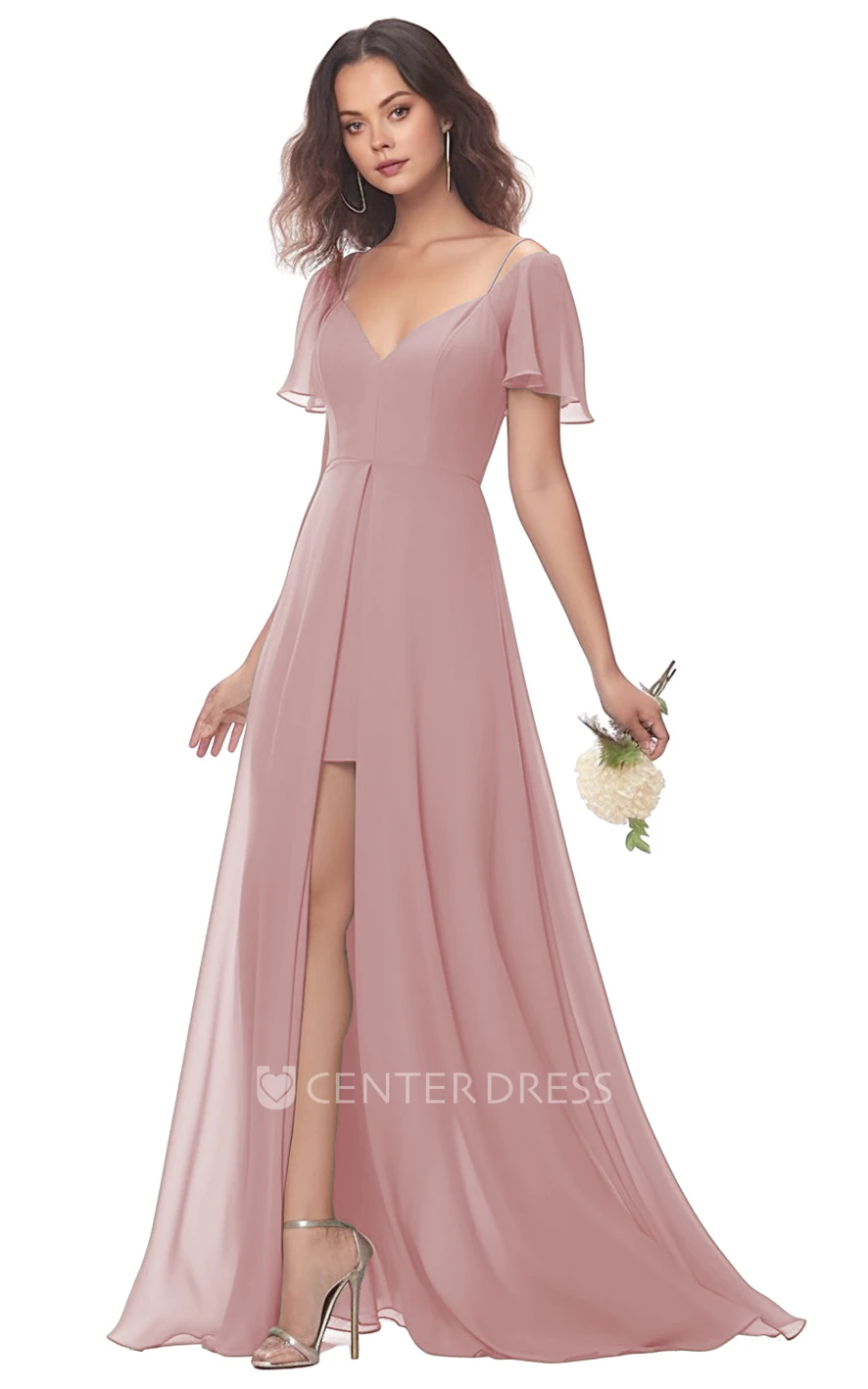A-Line Chiffon V-neck Split Bridesmaid Dress Modest & Unique