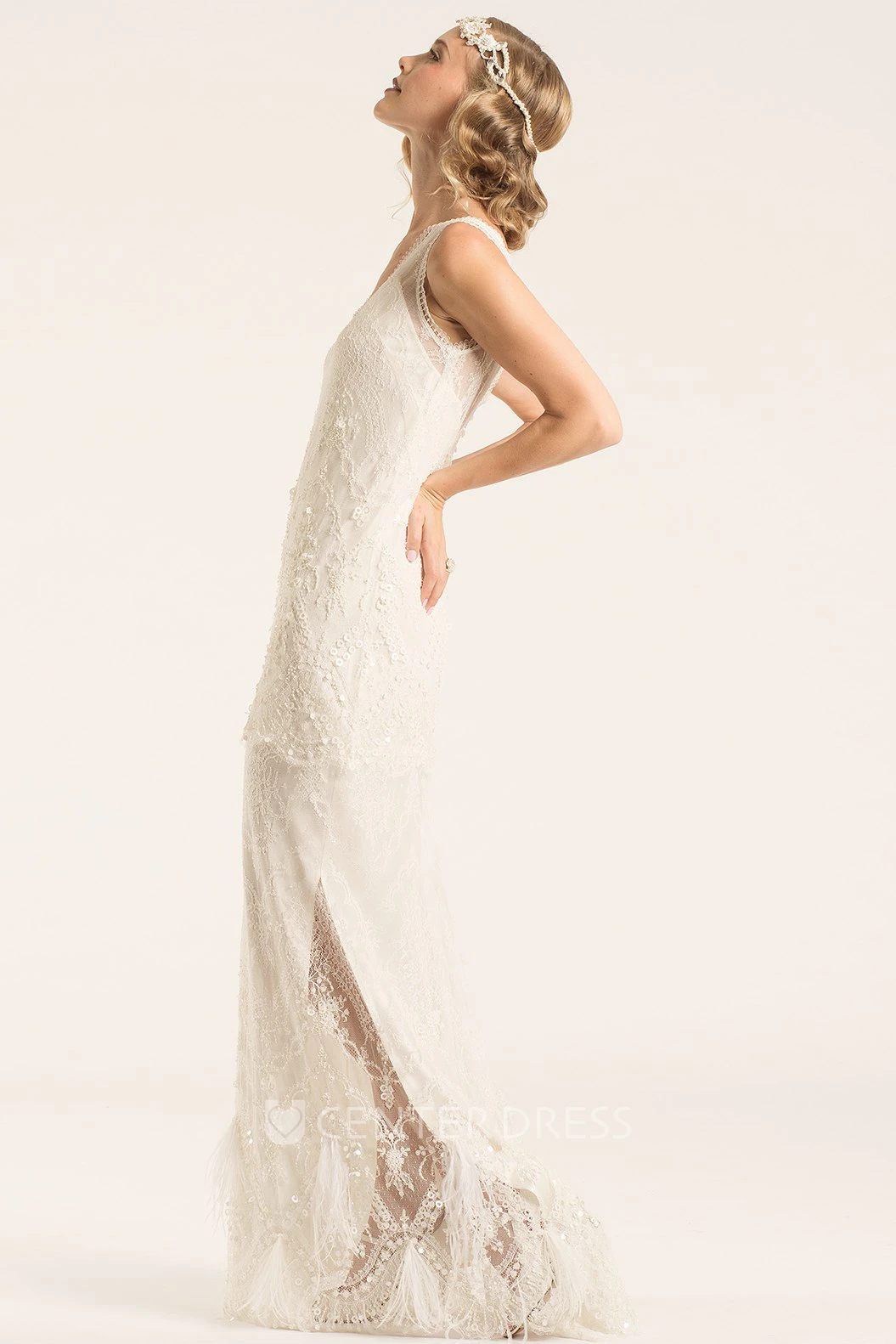 Floor-Length V-Neck Beaded Lace Wedding Dress With Appliques And V Back
