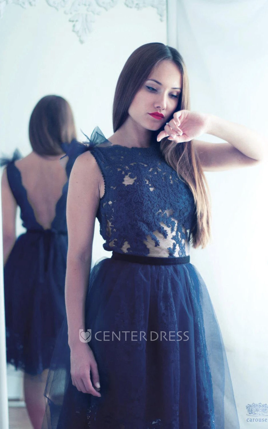 Navy Blue Lace Evening Open Back Dress