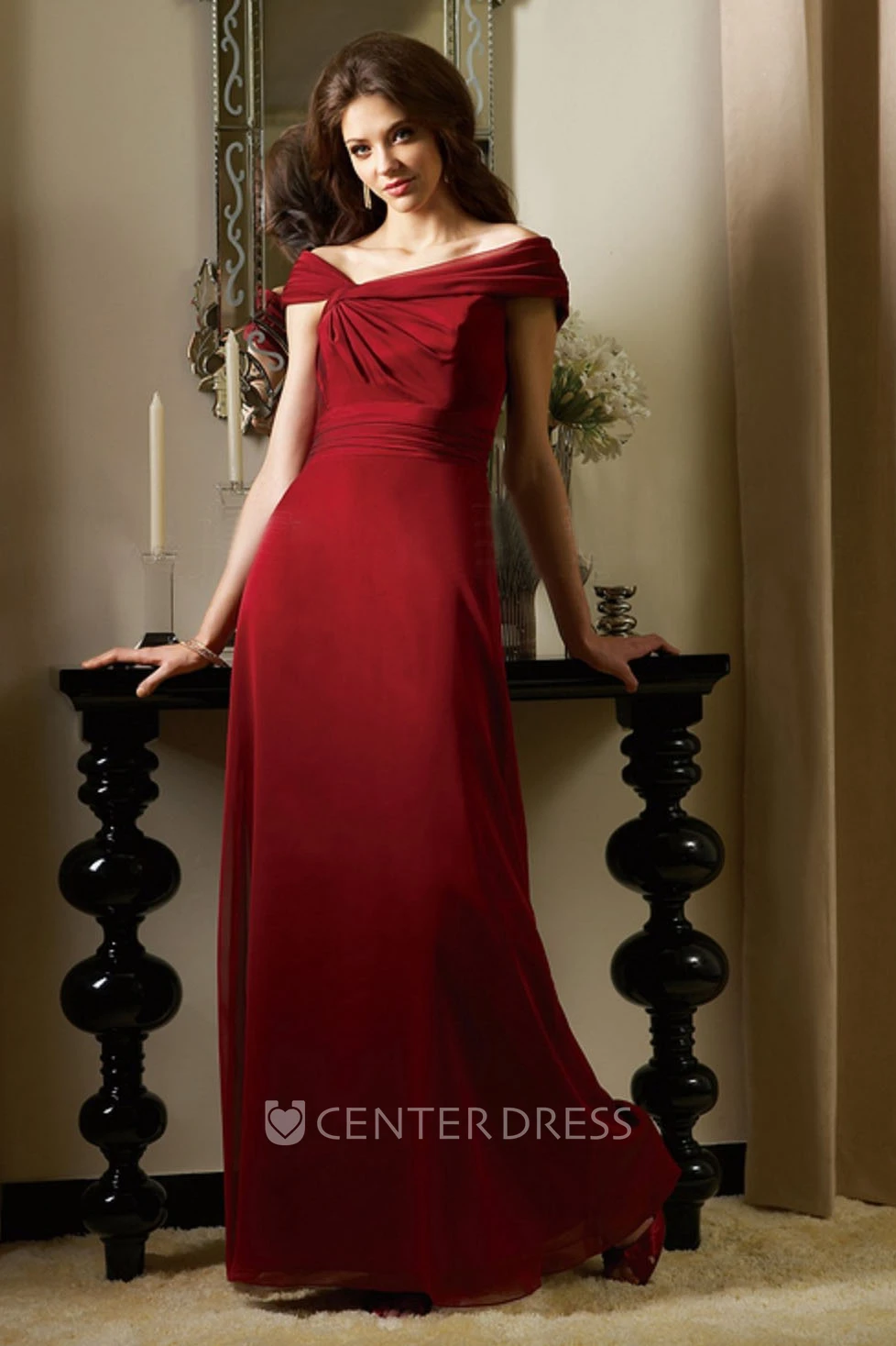 Off-The-Shoulder Long Bridesmaid Dress With Ruching And Low V-Back