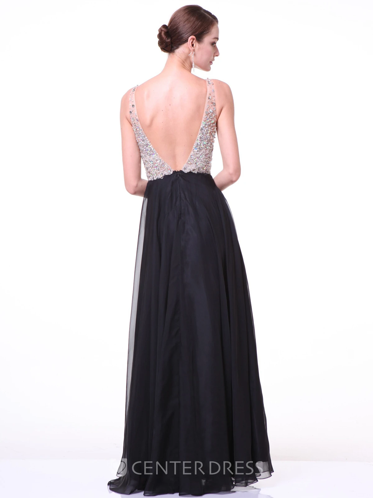 A-Line Long V-Neck Sleeveless Empire Deep-V Back Dress With Beading