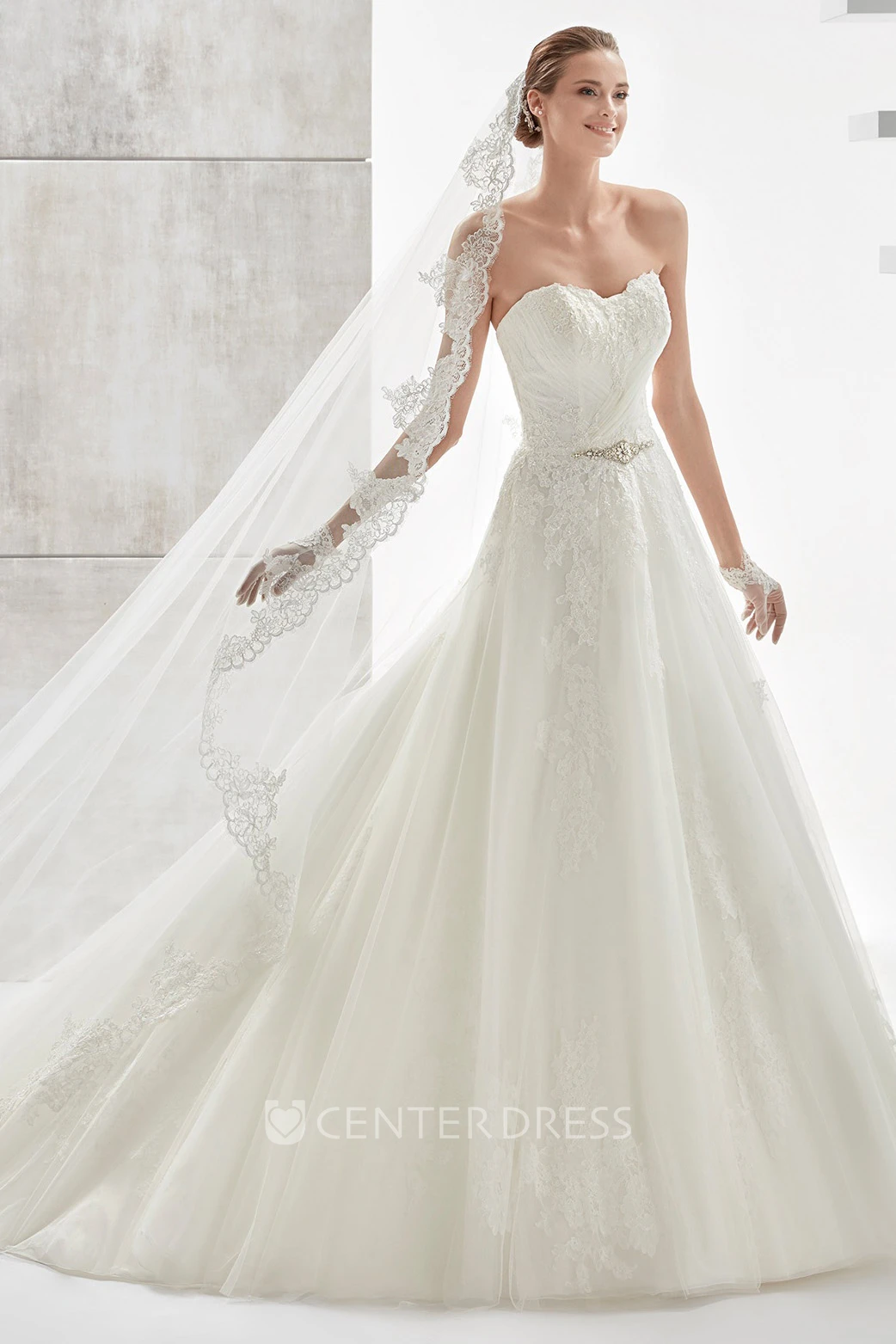 Strapless A-line Wedding Dress With Beaded Belt and Lace-up Back
