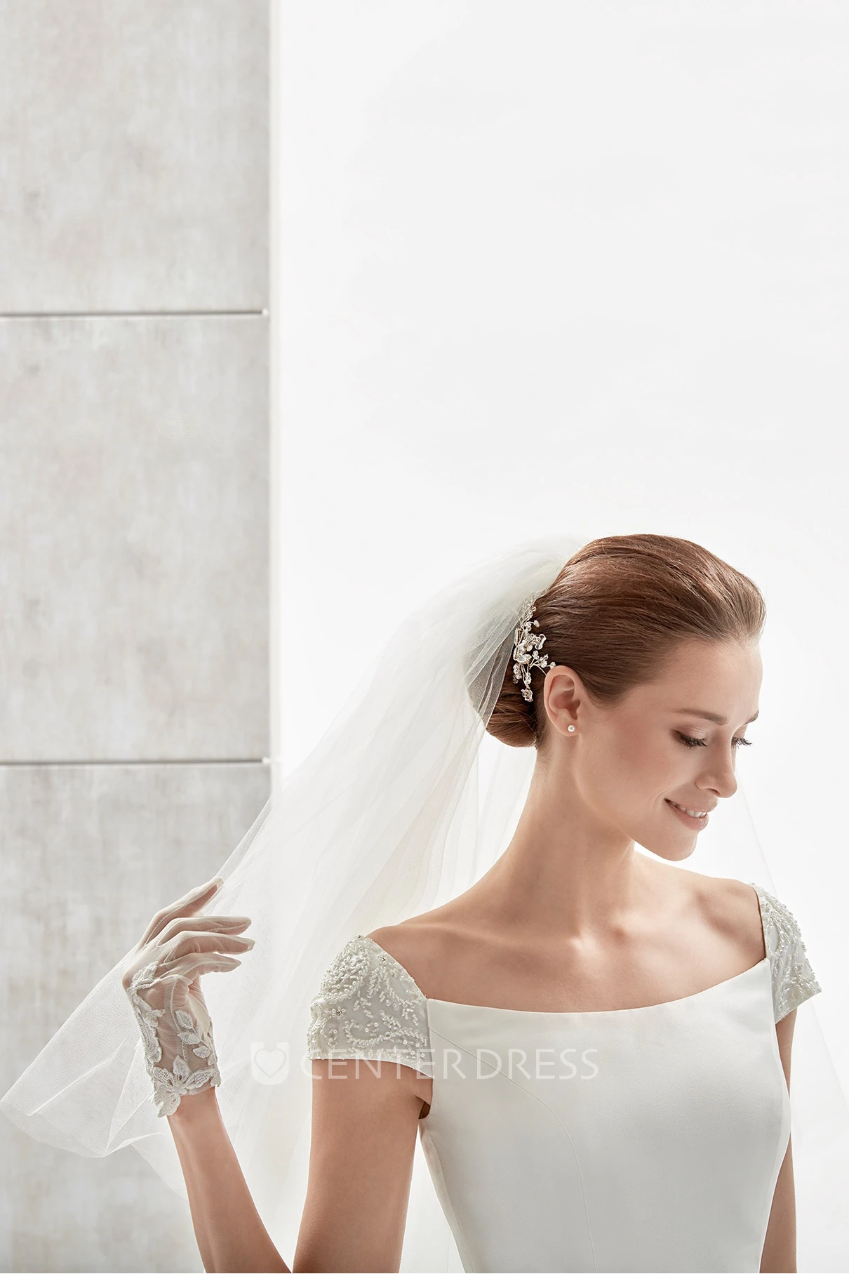 Simple Cap-Sleeve Satin A-Line Wedding Dress With Brush Train And Lace Straps