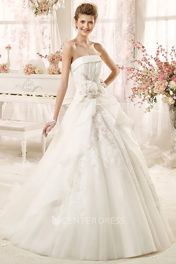 Strapless A-line Wedding Dress with Flowers and Pleated Bodice