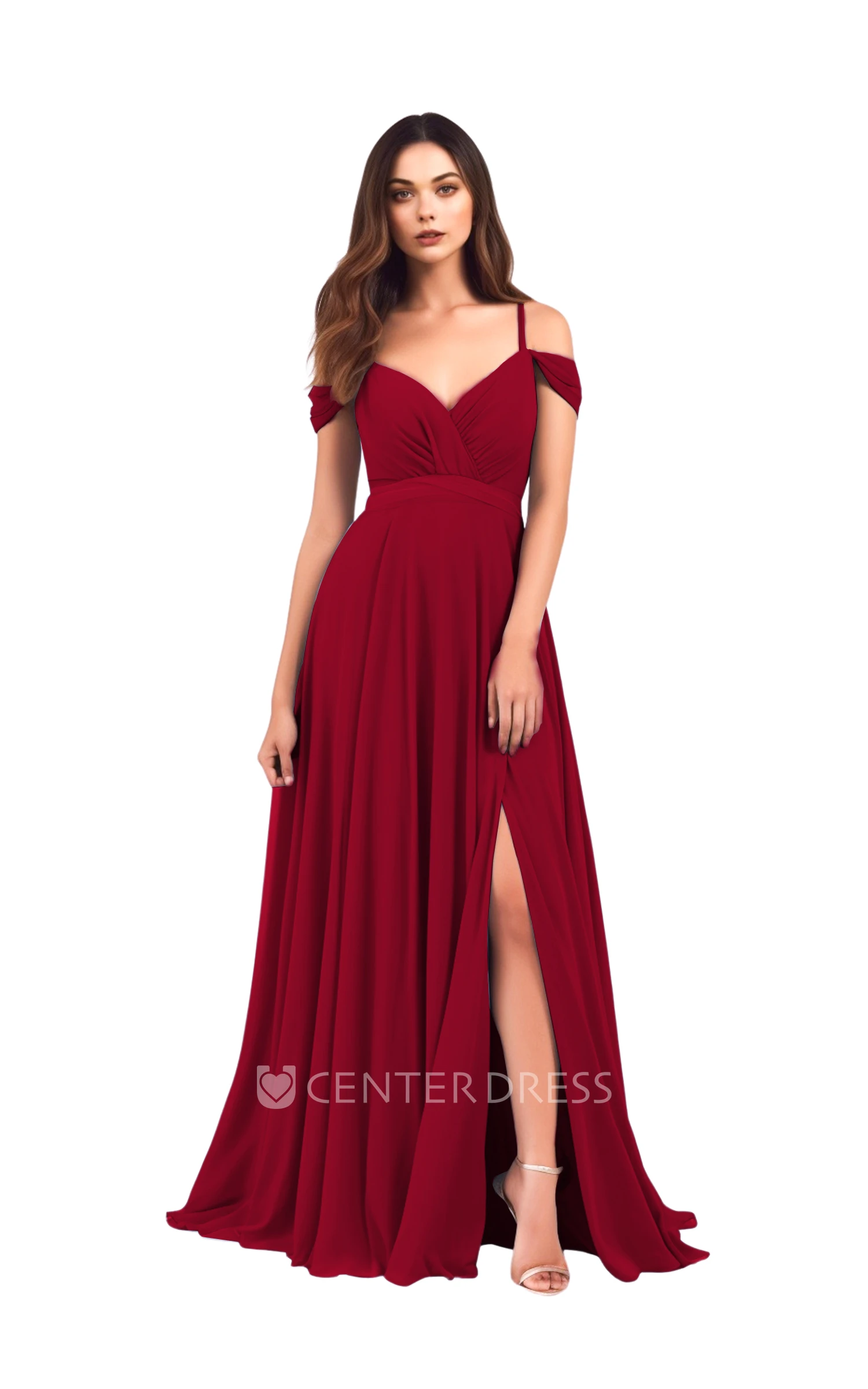 A-Line Chiffon Spaghetti Split Bridesmaid Dress Bohemian & Flowy