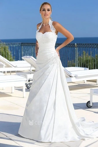 Draped A Line Halter Sleeveless Satin Wedding Dress