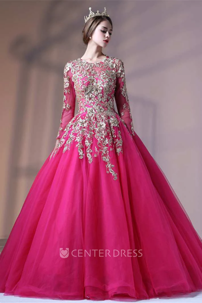 Long Lace Sleeve Jewel Neck Tulle Ball Gown With Keyhole Back